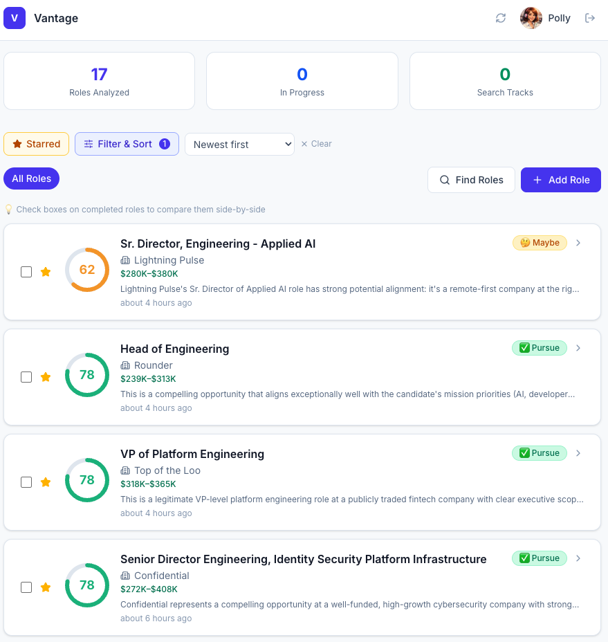 Vantage dashboard — role evaluation cards